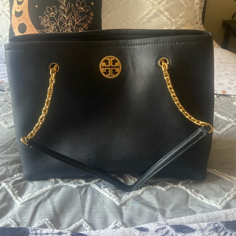 Black Tory Burch soft pebble leather tote bag